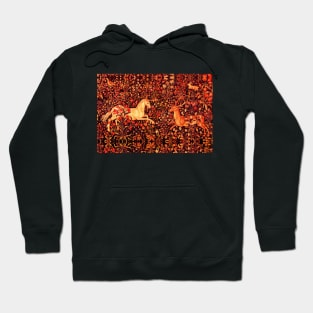 UNICORN AND DEER AMONG RED FLOWERS, FOREST ANIMALS FLEMISH FLORAL Hoodie